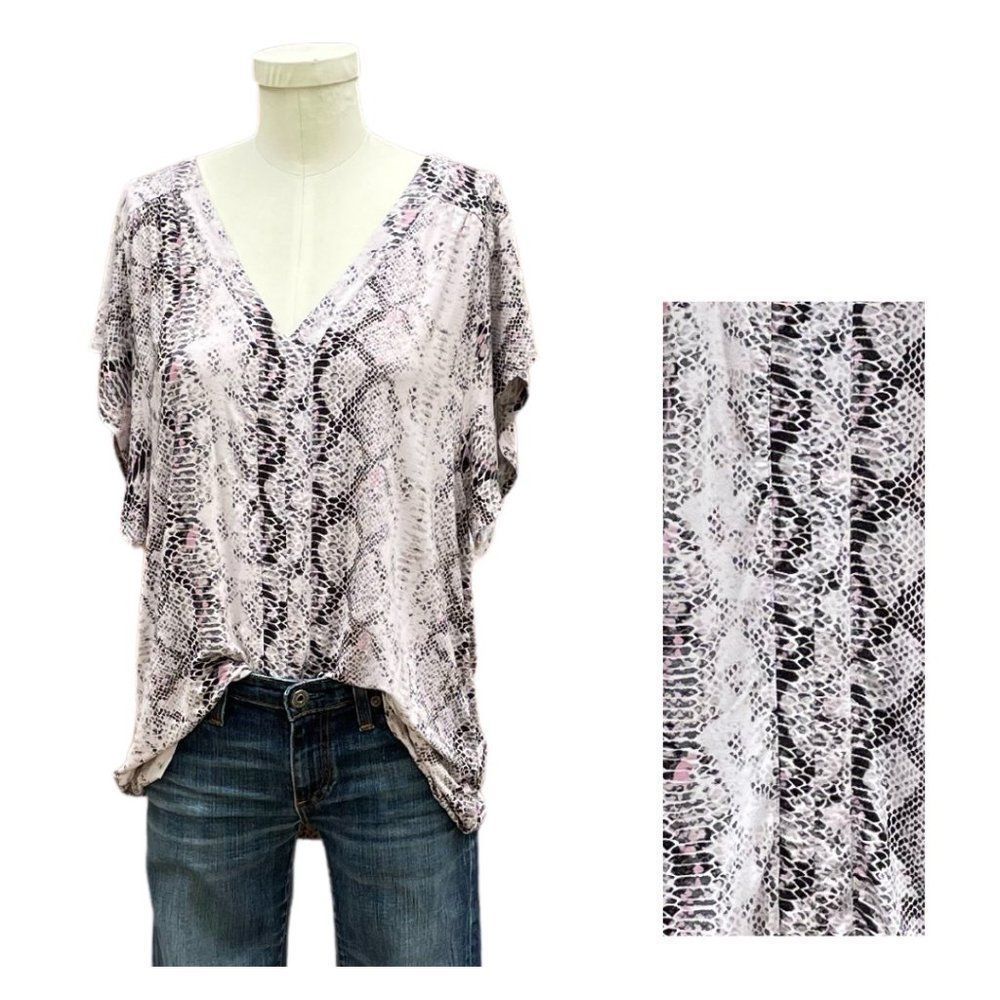Tribal Beige Pink & Black Snake Print Double V Neck Short Sleeve Top